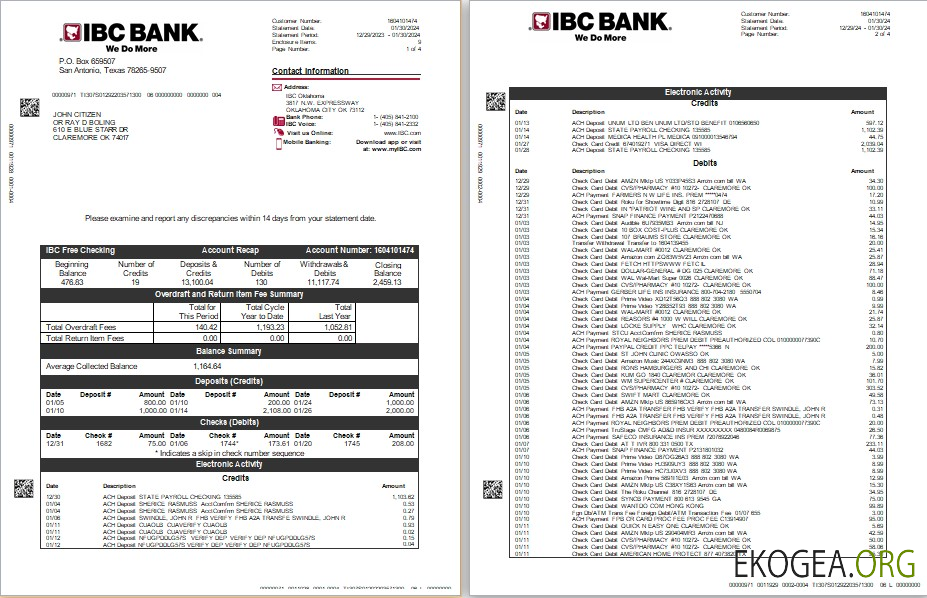 Modèle Word et PDF de relevé bancaire USA IBC, 4 pages